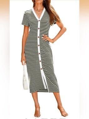 Striped Button-Front V-Neck Midi Dress - Black & White